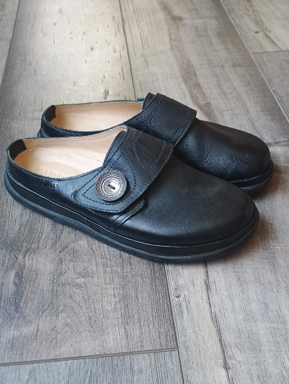 Haflinger Black Leather Slip-On Clog with Decorative Button
